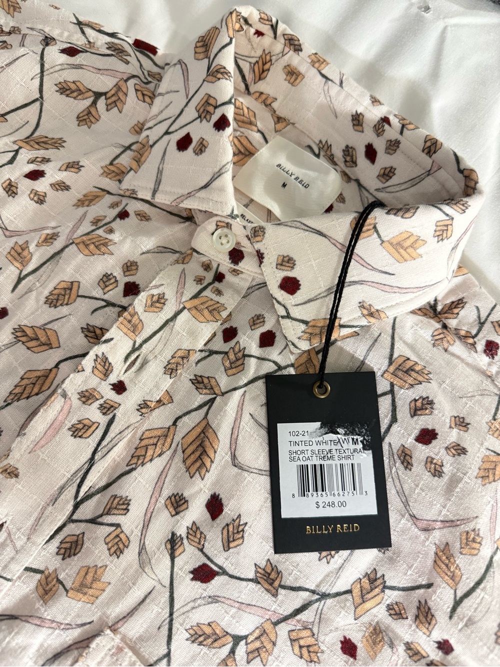 Billy Reid White Short-Sleeve Button-Down with Tan & Burgundy Leaf Print